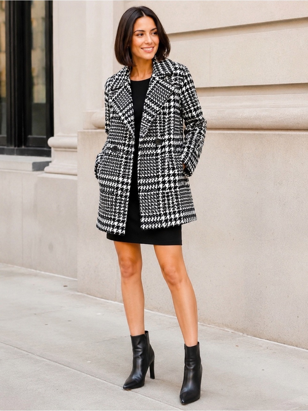 🔹 Avec Les Filles Black & White Houndstooth Wool Blend Coat | Size S